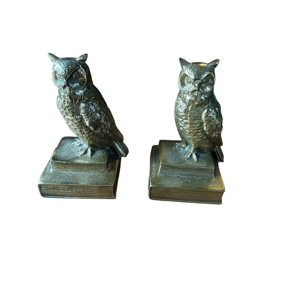 Lot 2 Owl Bookends Cast Iron Metal Sitting On Books History Gold Color 6.5" MCM